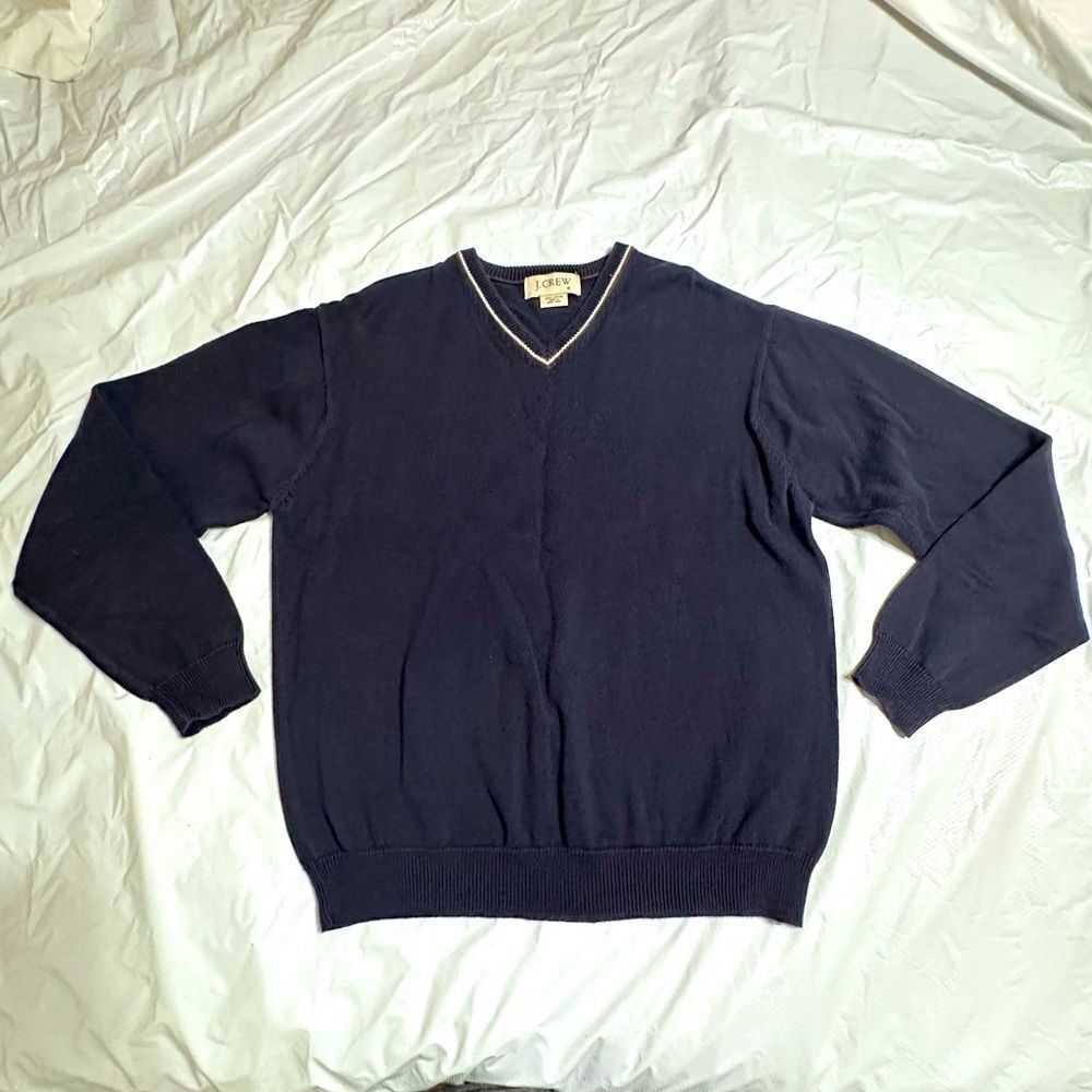 Vintage J.Crew Navy Blue Classic V-Neck Cotton Sweater Size Medium